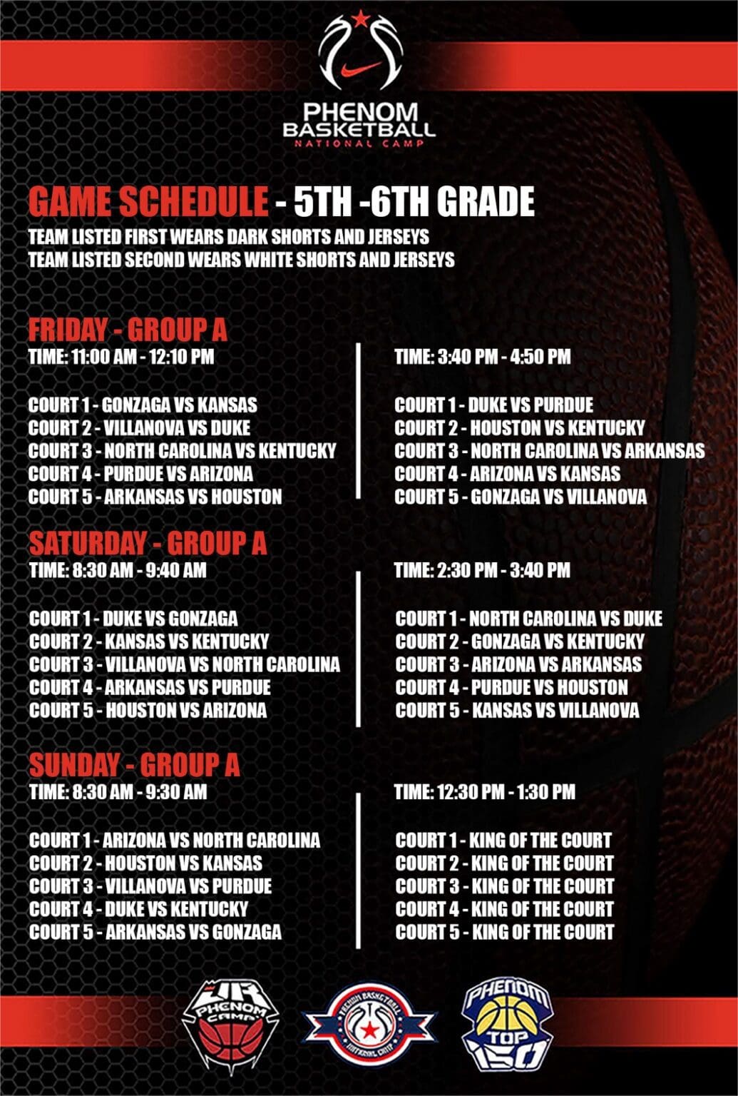 Game schedule for 5th-6th grade basketball with dates, times, and locations.
