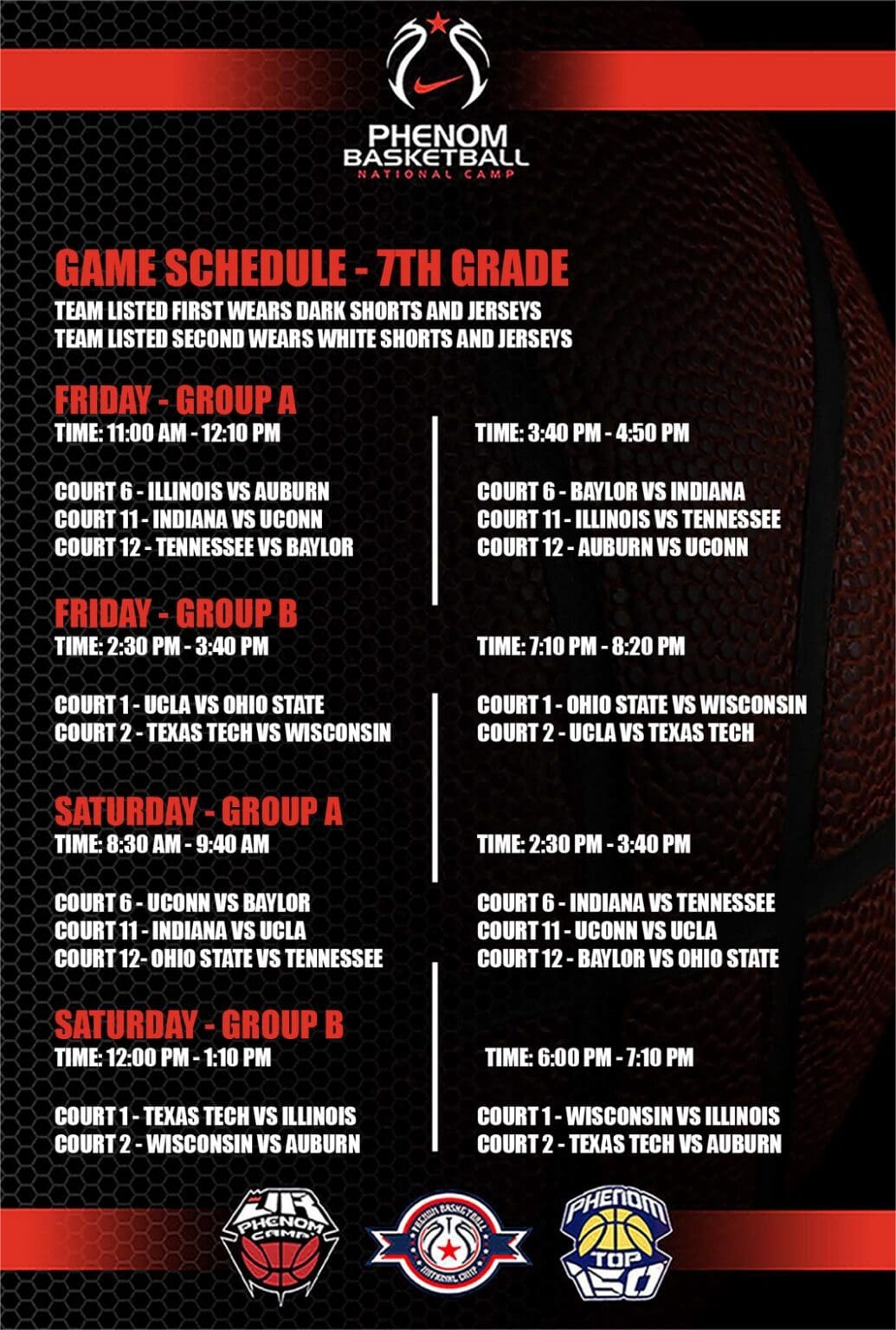 7th grade game schedule with dates, times, and locations for various groups.