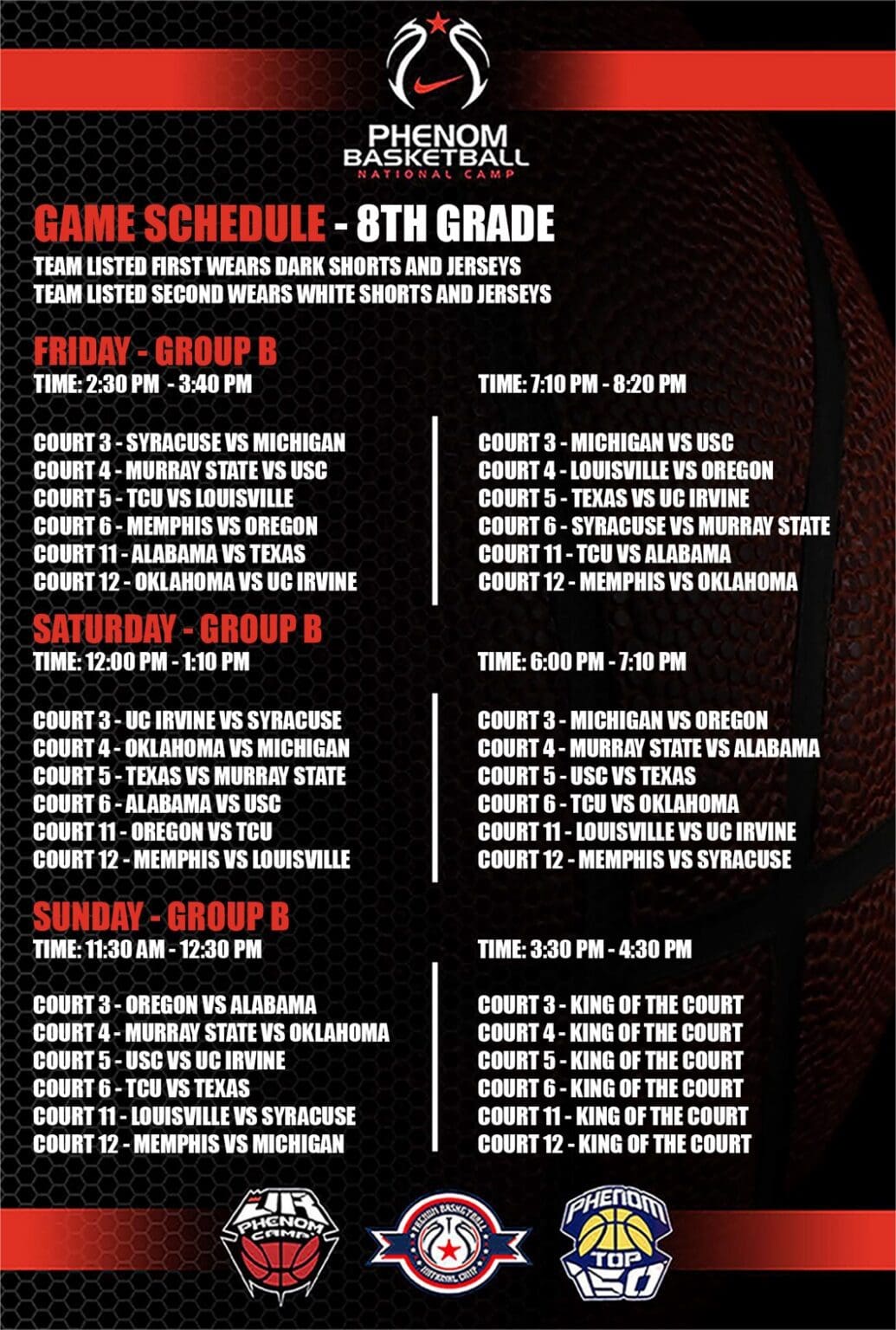 Schedule for a baseball tournament from Friday to Sunday with game times and locations.