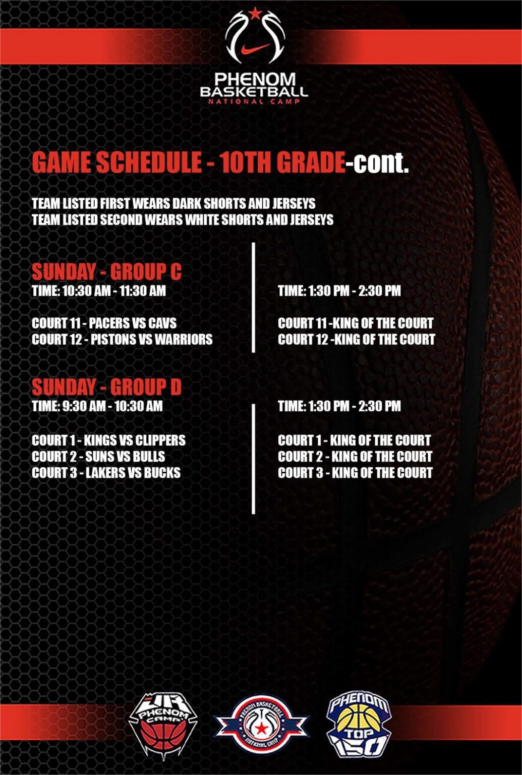 10th grade game schedule for Sunday, Groups E and F.