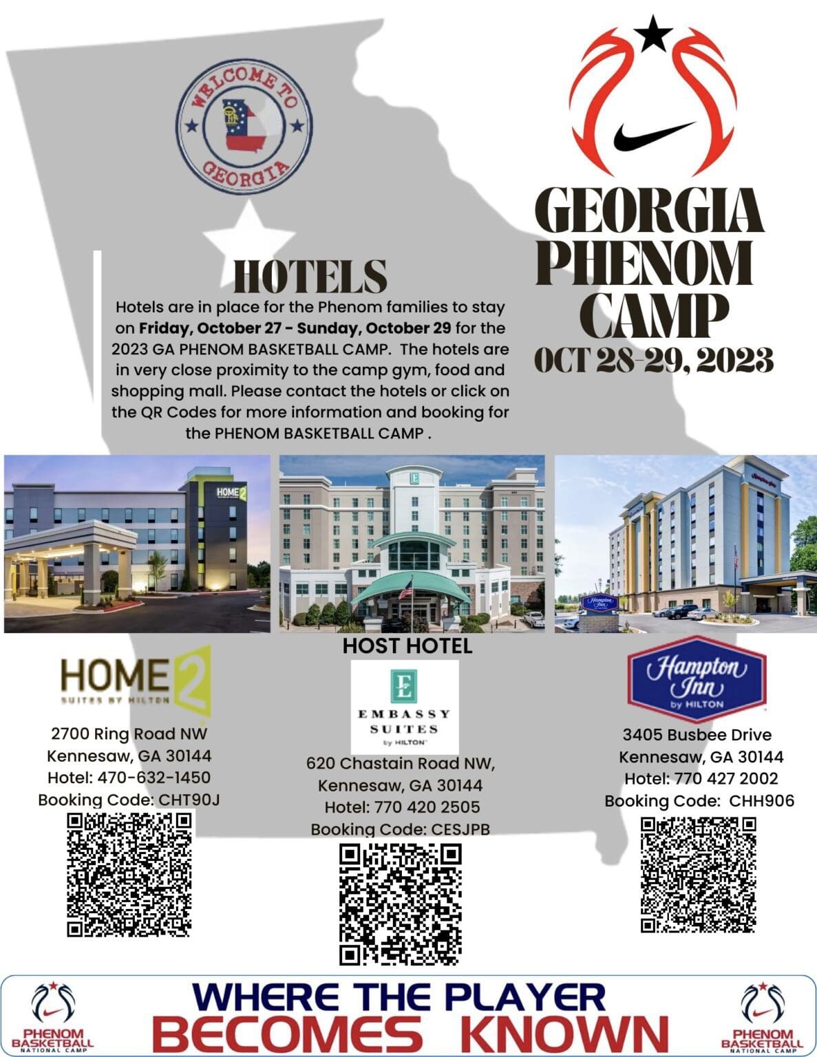 Hotels for Georgia Phenom Camp on Oct 27-29, 2023, with booking links.