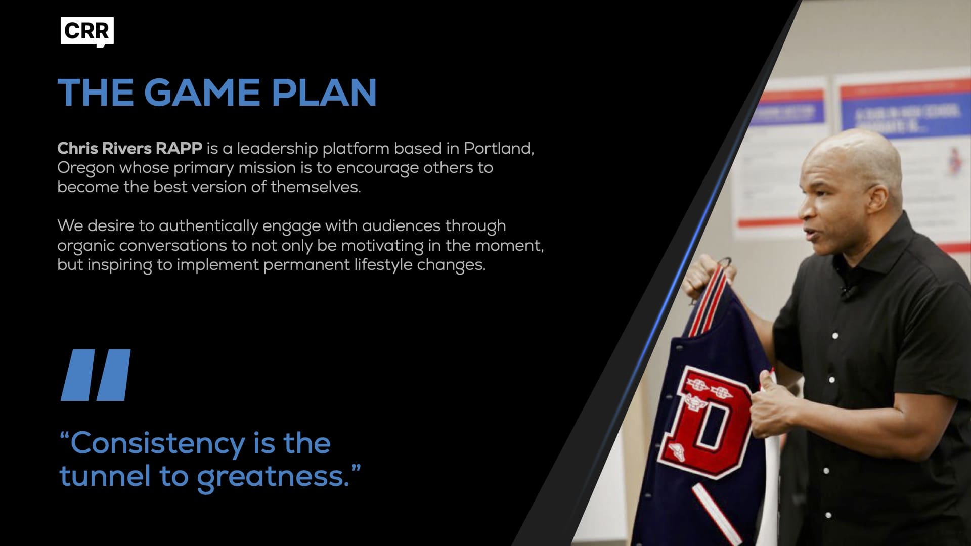 Presentation slide on leadership and legacy with a speaker.