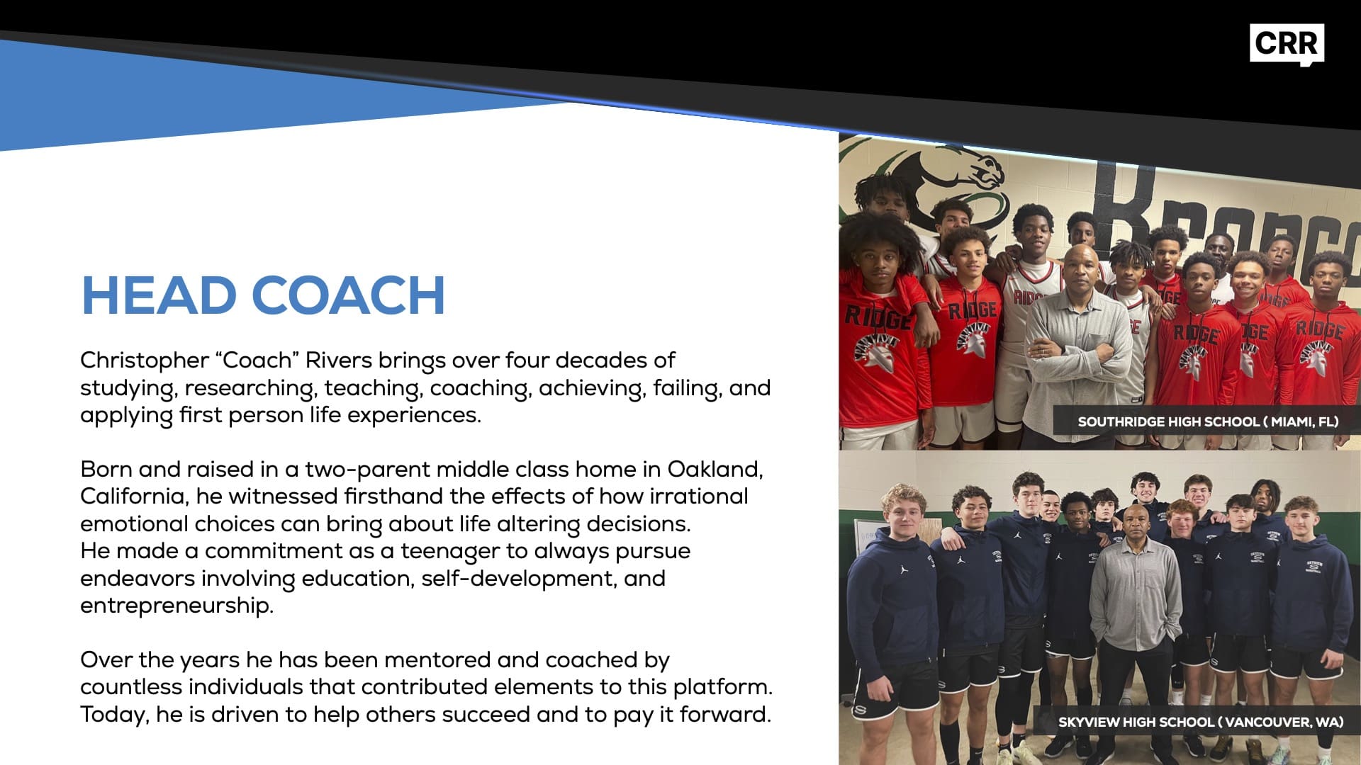 Two pairs of instructors posing beside presentation slides about coaching.
