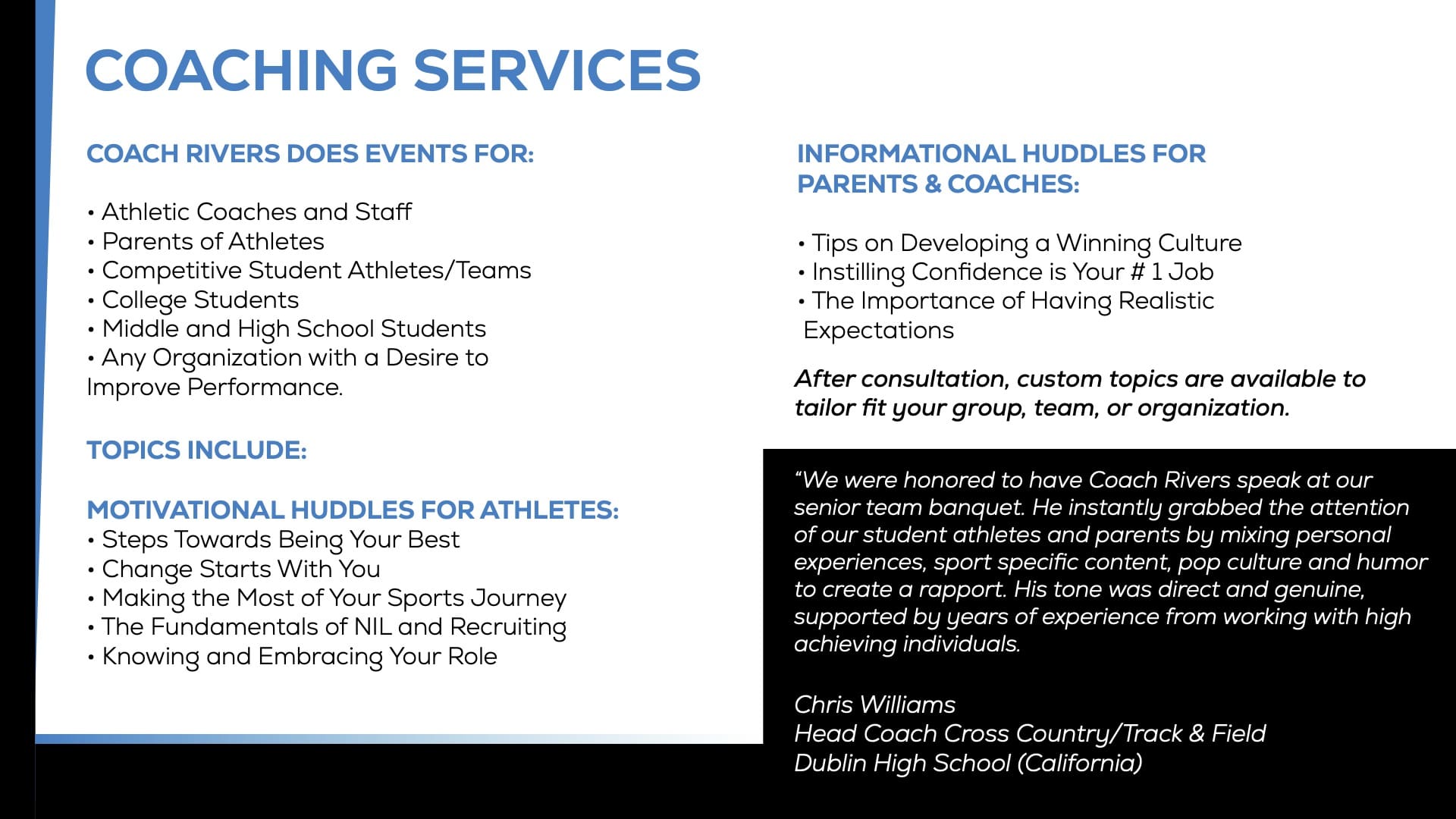 Informational flyer about training services for athletes and coaches.