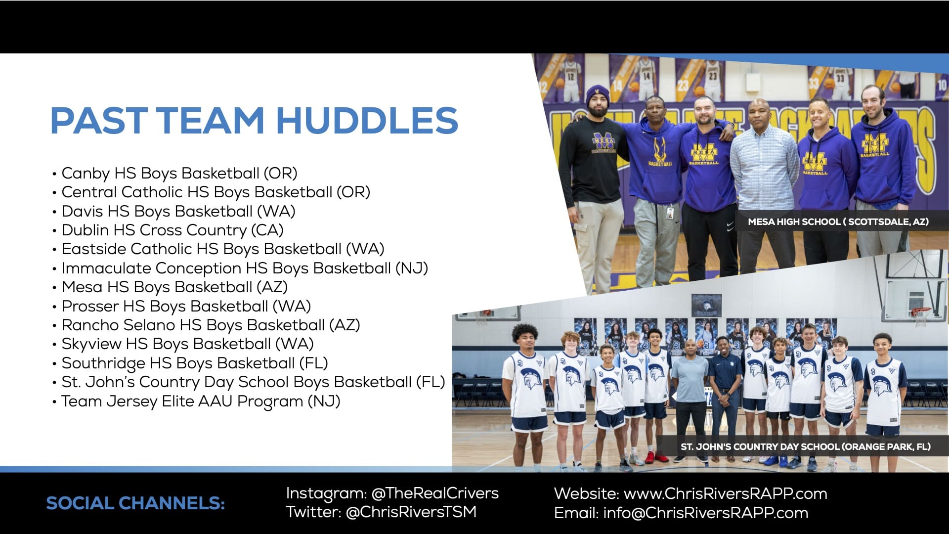 Two photos of basketball teams and a list of team huddle members.