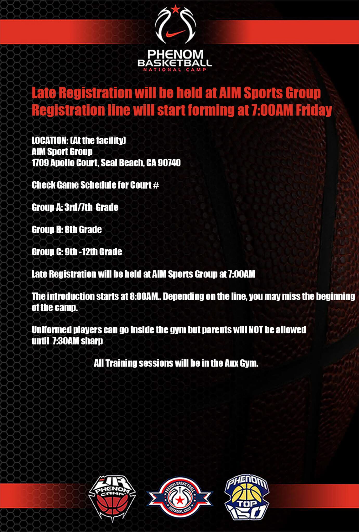 Notice about late registrations at ASB Sports Ground with dates and fees.