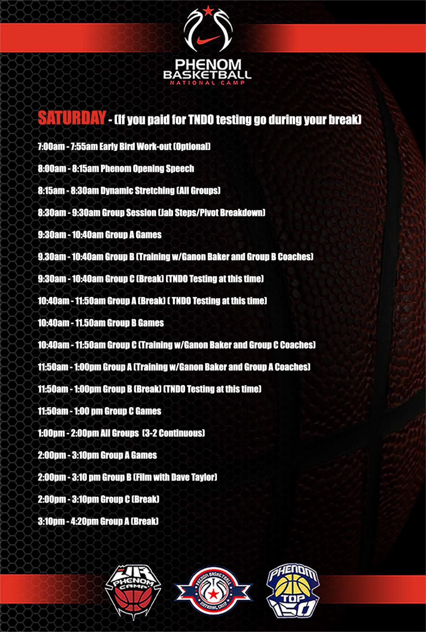 Schedule of events for a Saturday night with DJ sets and live performances.