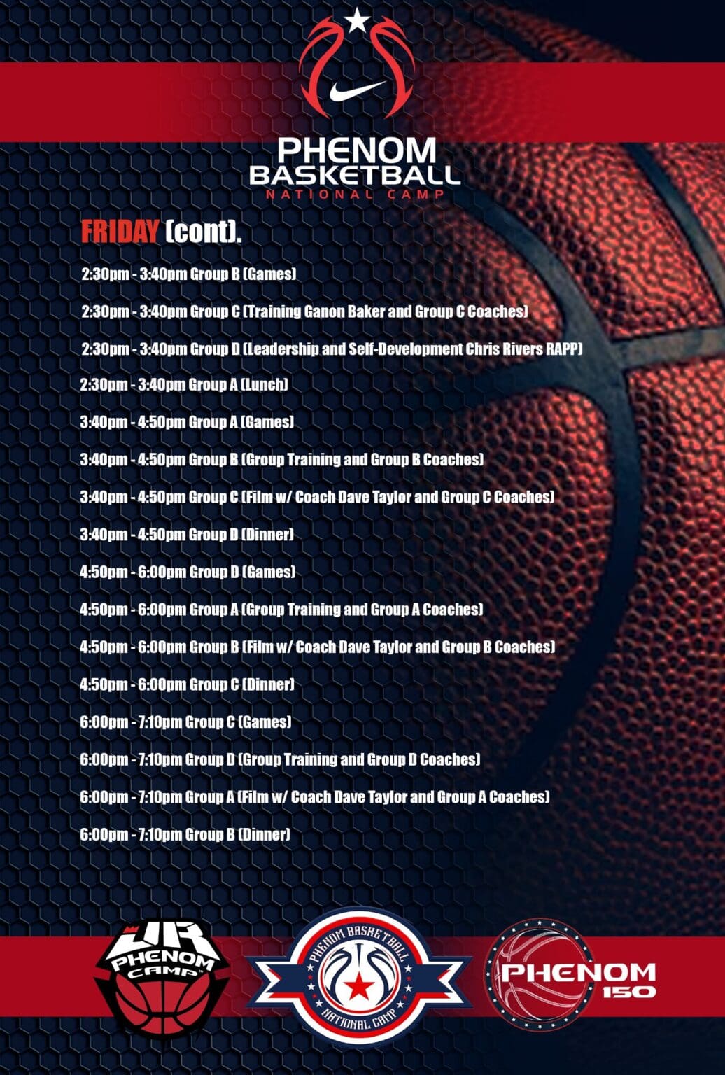 Basketball event schedule with times and activities listed against a basketball background.