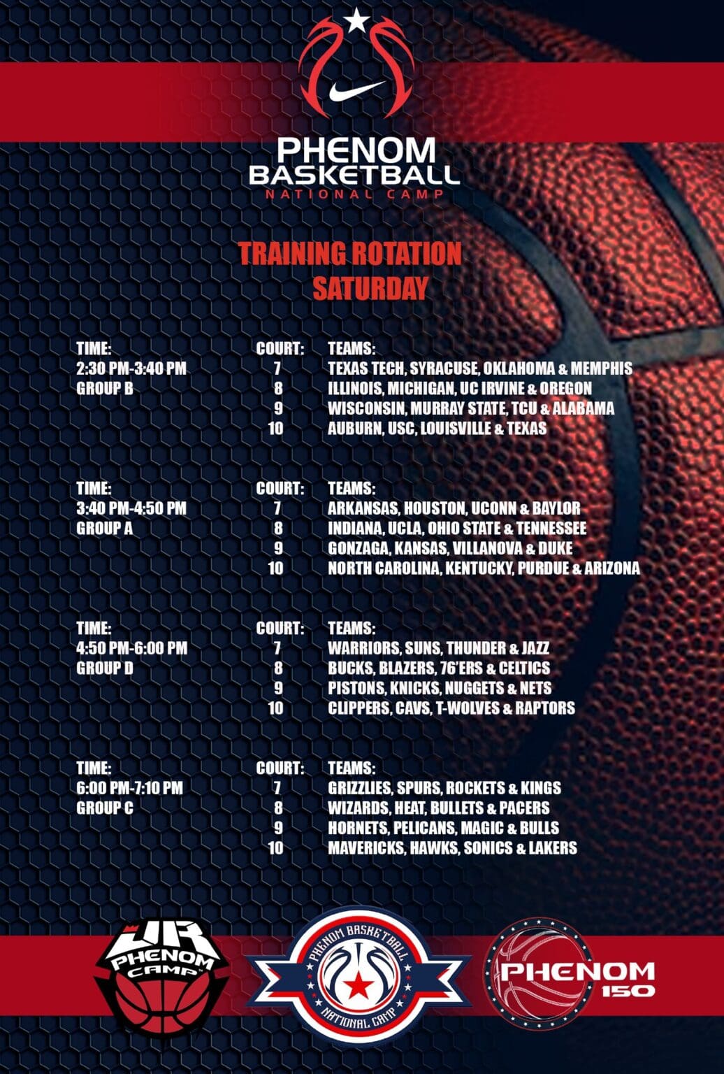 Basketball training schedule with time slots and drills.
