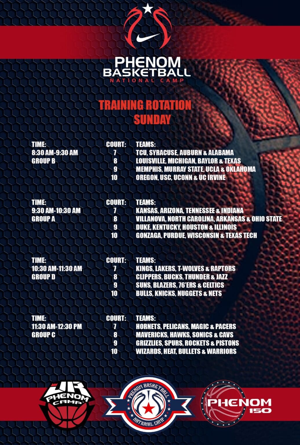 Basketball tournament schedule with dates, times, and matchups.
