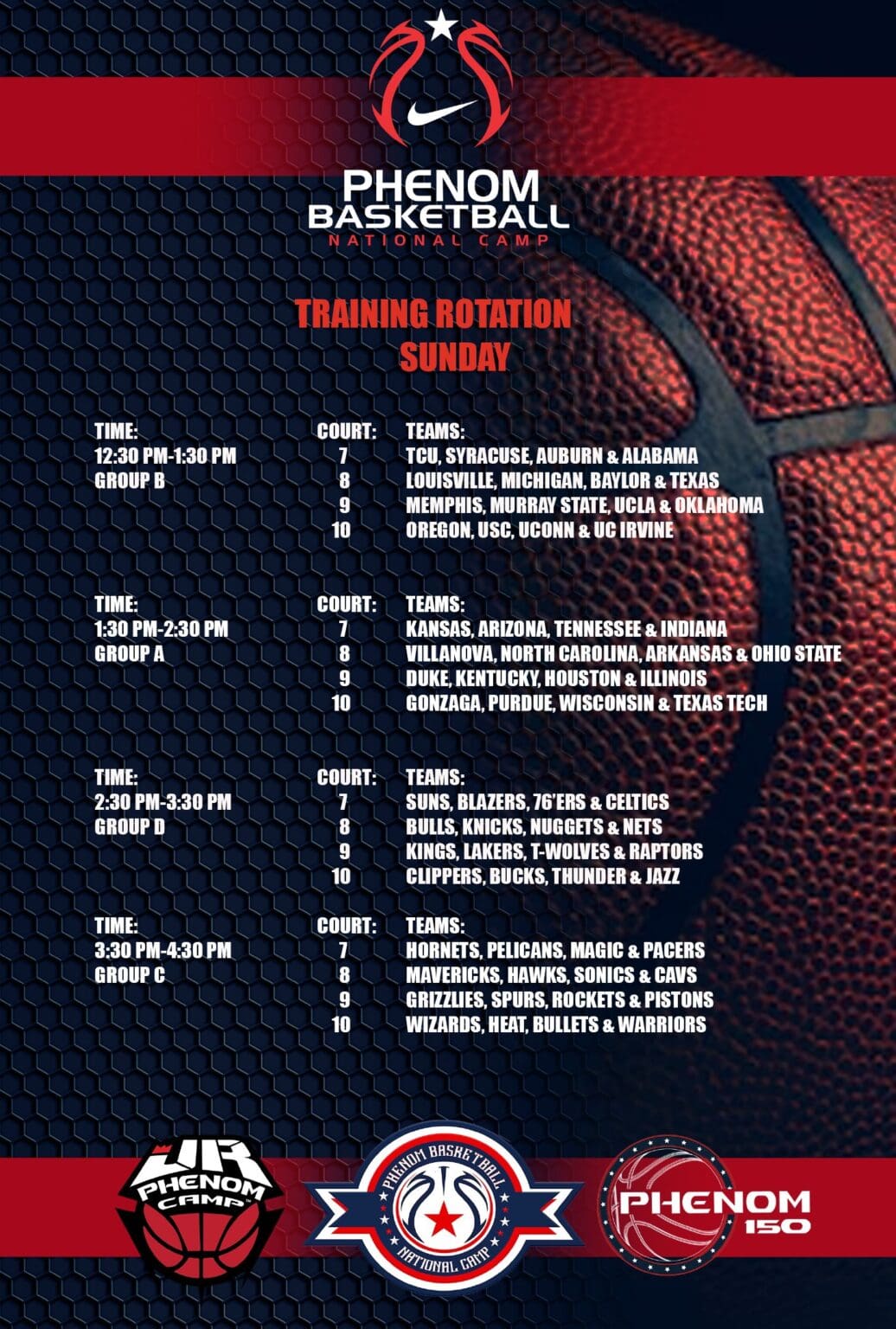 Basketball training schedule for Sunday with detailed times and locations.