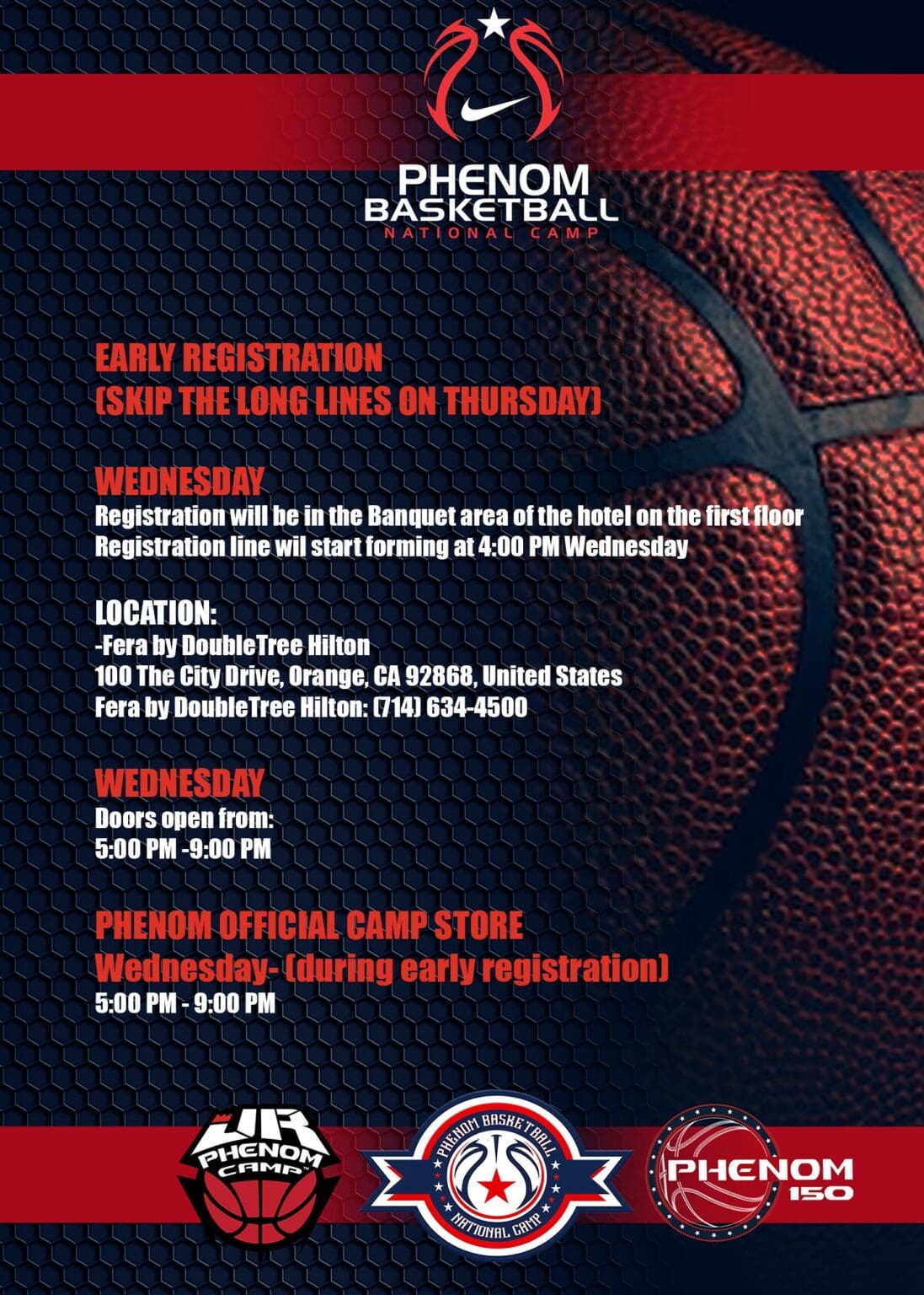 Basketball camp flyer with event details and registration info.