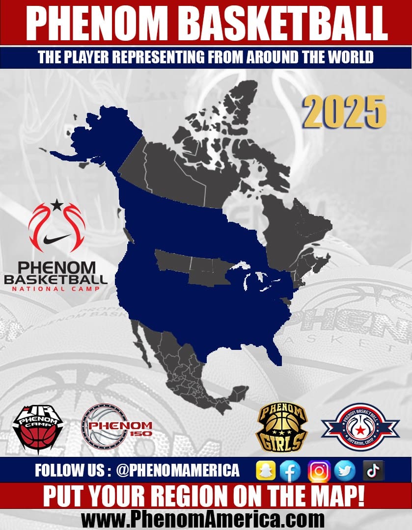Map highlighting 2025 basketball event locations in North America.