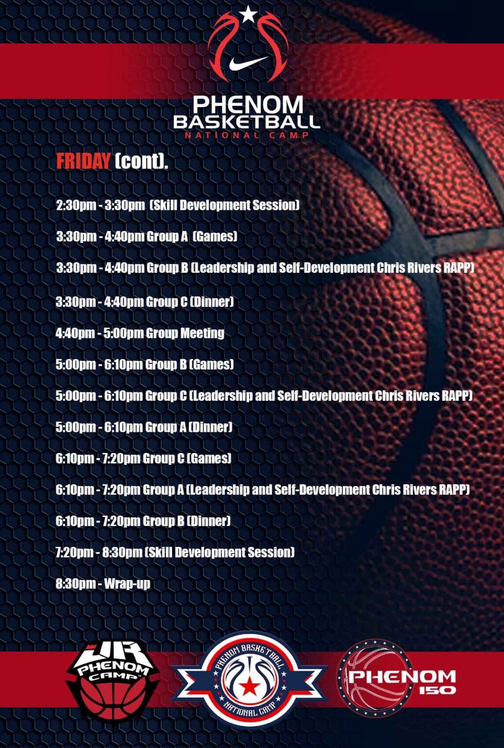 Basketball game schedule with times and matchups listed.