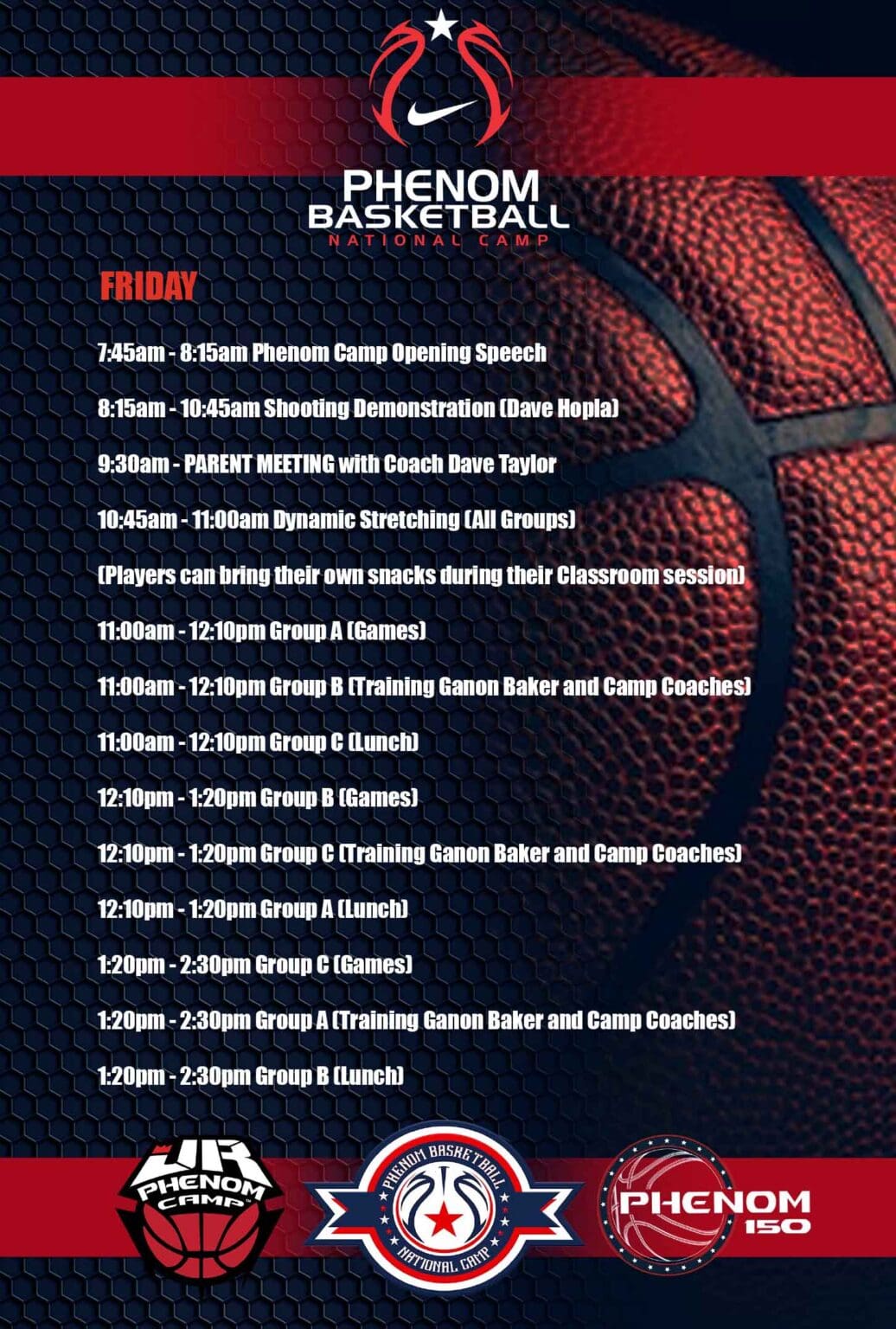 Basketball game schedule with times and teams listed against a basketball background.