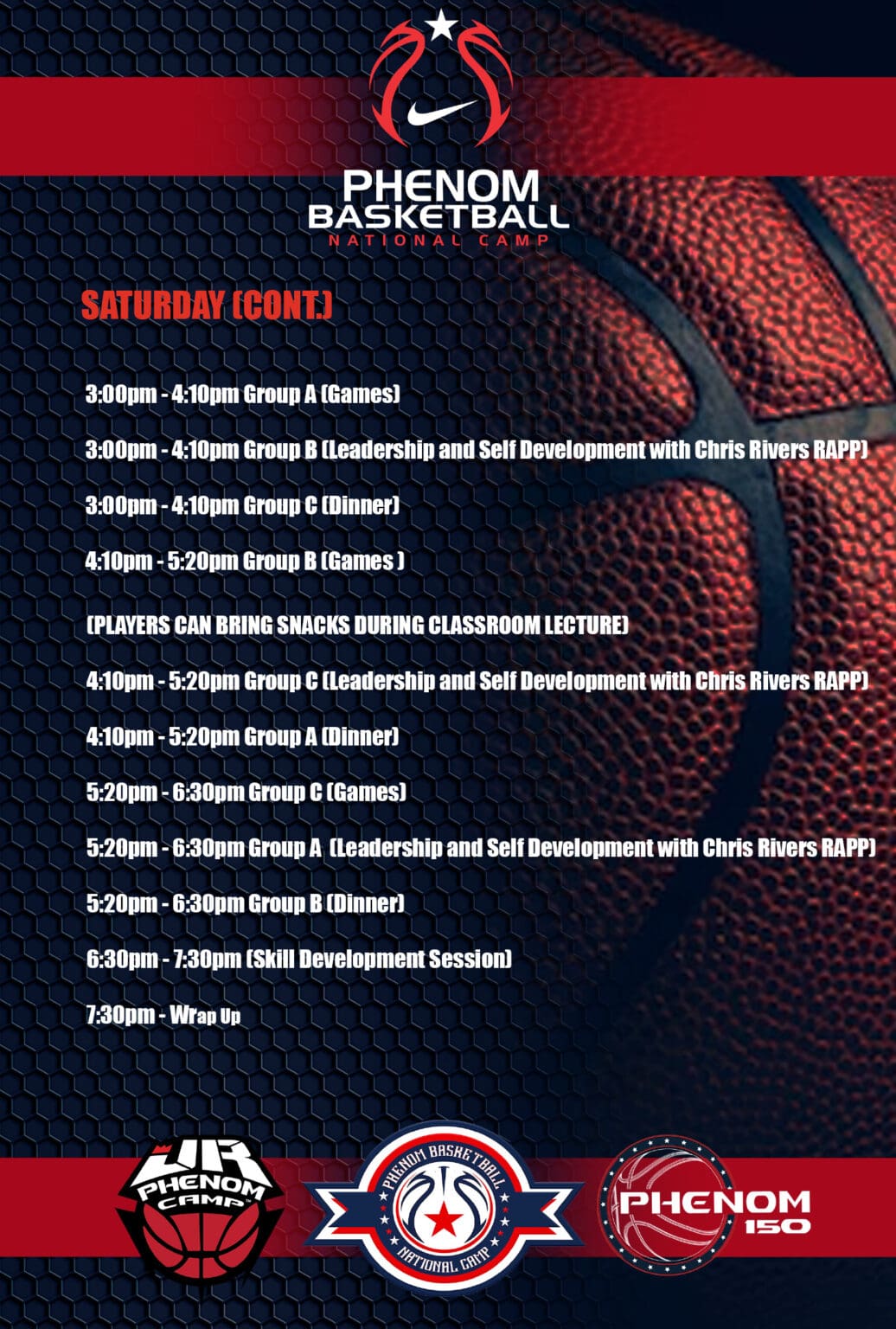 Schedule of gaming events with times and sessions listed.