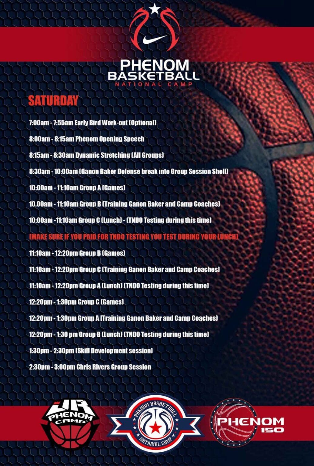 Saturday basketball game schedule with times and matchups.