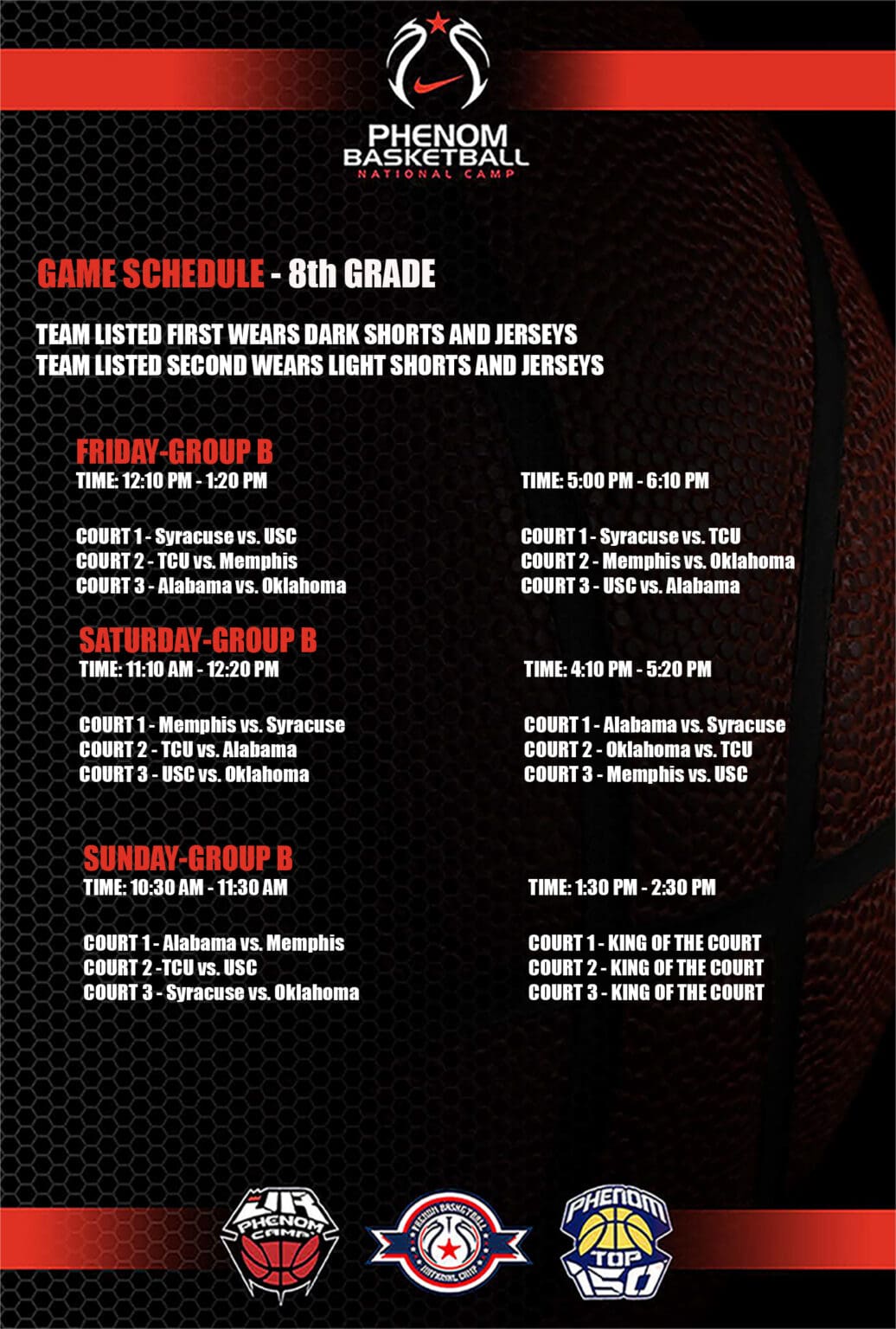 Game schedule for 8th grade basketball games with dates, times, and locations.