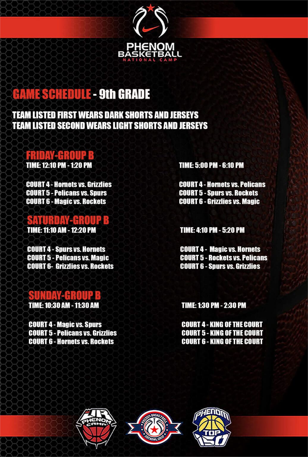 Schedule for 5th grade games with groupings and times.