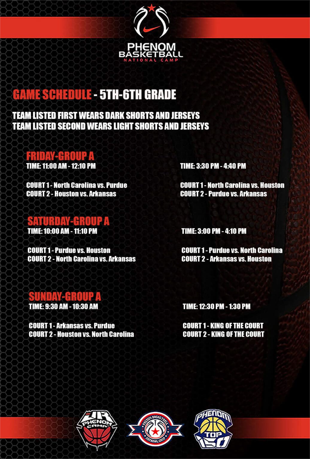 STN 6th Grade game schedule with dates, times, and locations for various groups.