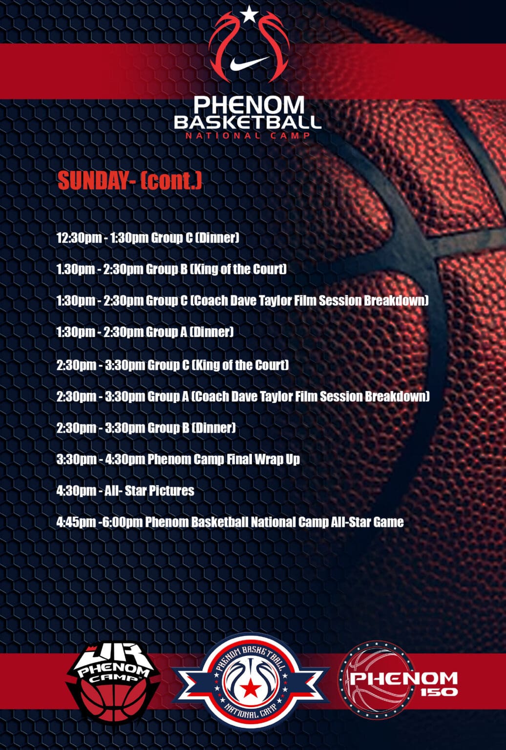 Basketball game schedule with times and teams listed.