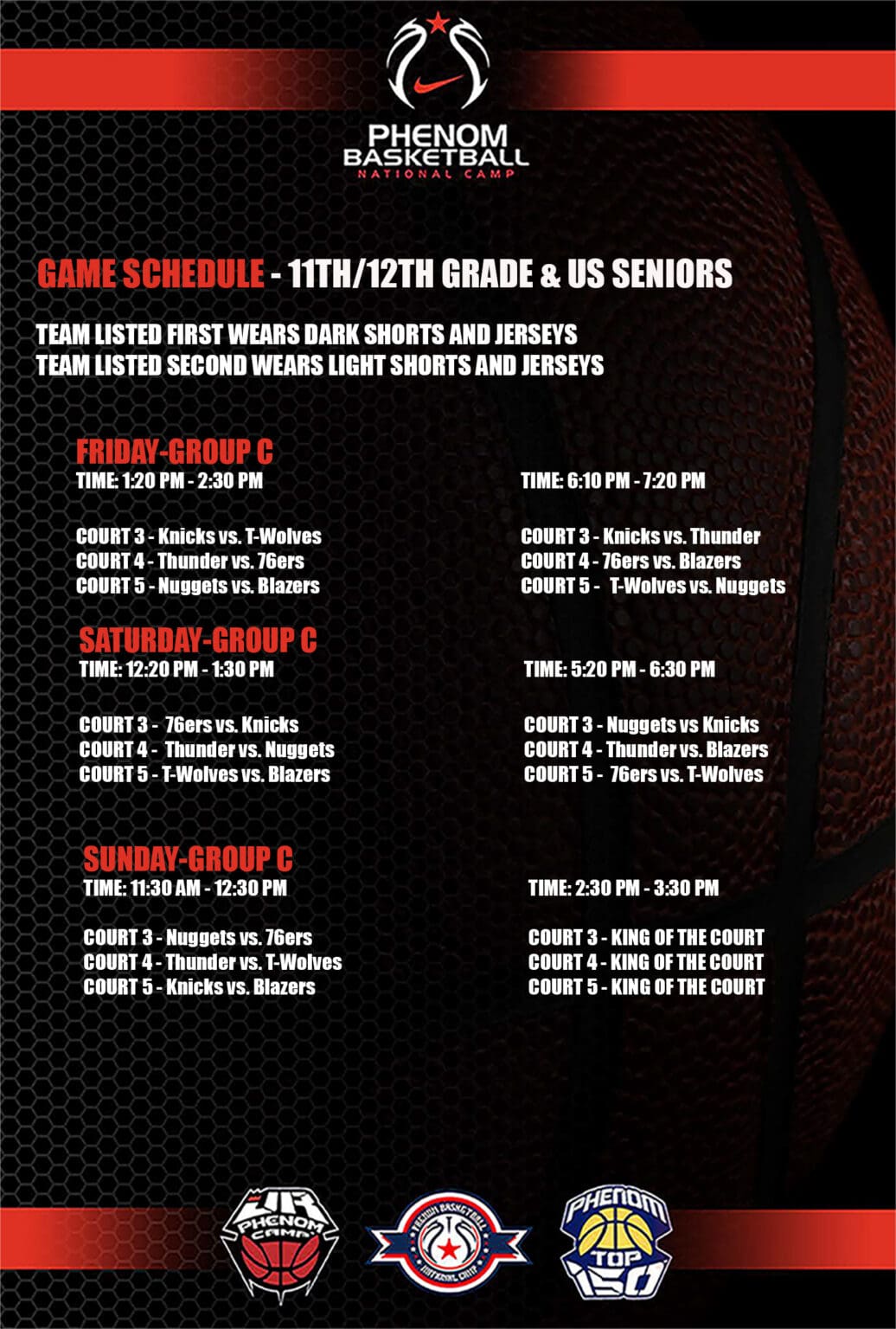High school basketball game schedule for 11th and 12th grade boys and girls.
