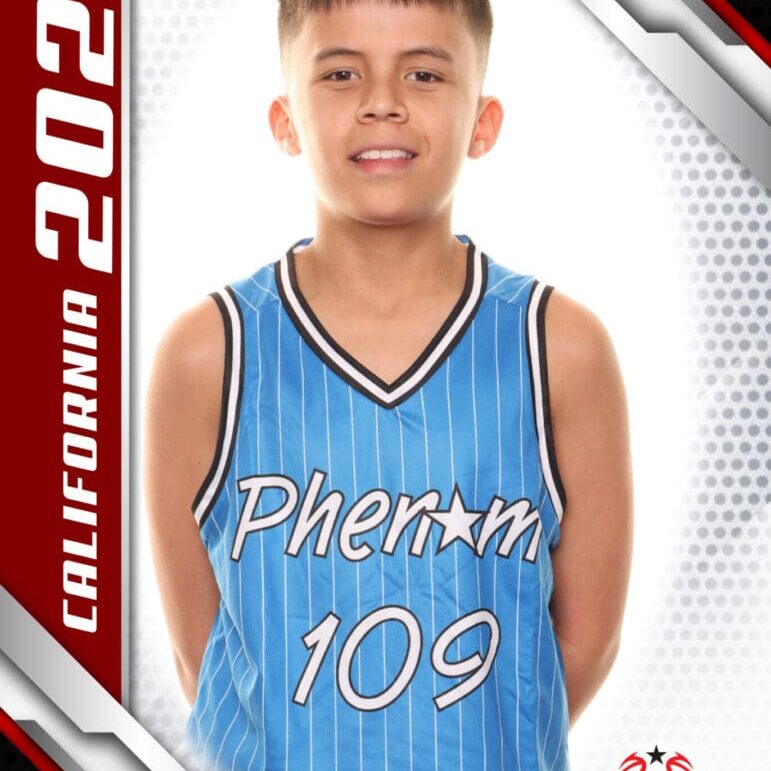 Young basketball player in a blue Pherom 109 jersey.