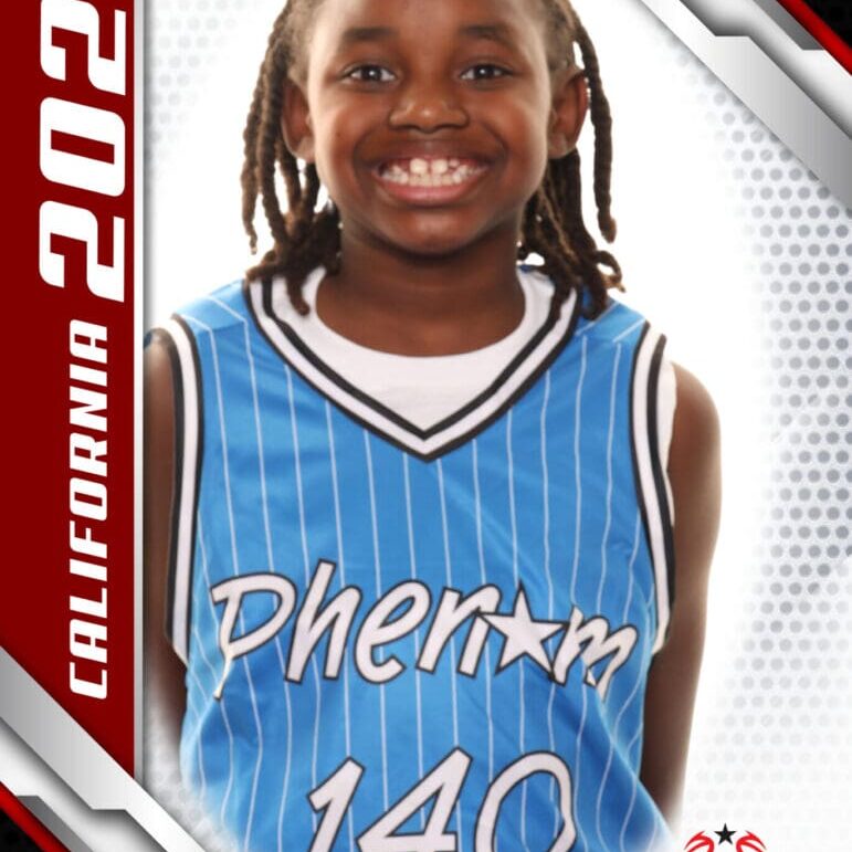 Young basketball player smiling in blue jersey with 'Pherom 140' and 'California 2025' text.