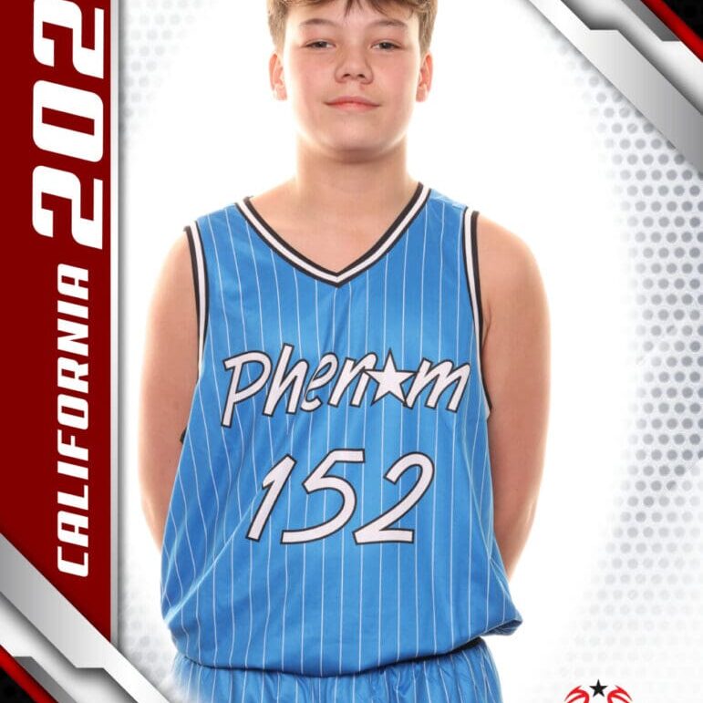 Young basketball player in blue Prim jersey number 152.