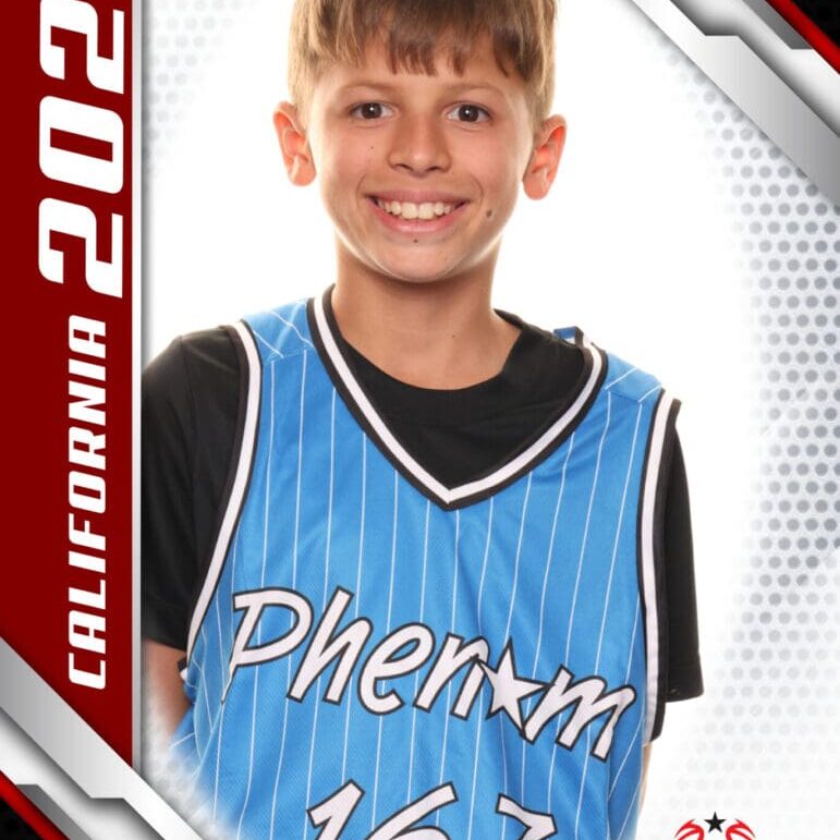 Young basketball player in a Phoenix jersey smiling on a sports card.