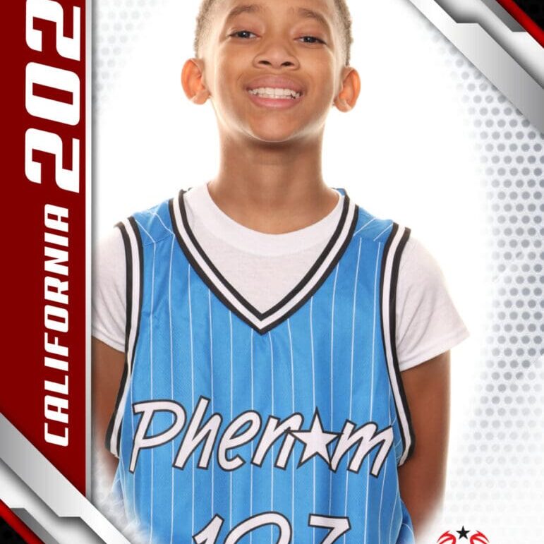 Smiling basketball player in a blue jersey with 'Phenom' and number 107.