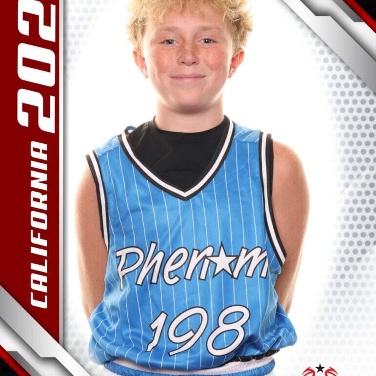 Here's an alt text option for the image: "Boy in blue Phenom 198 basketball jersey."