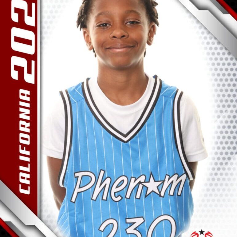 Young basketball player smiling in a blue jersey with number 230.