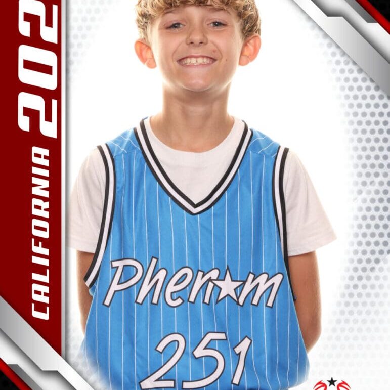 Young basketball player in a blue jersey with 'Pherom 251' text.