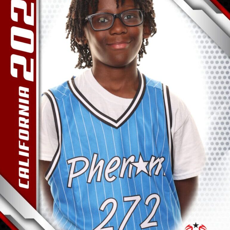 High school basketball player in blue jersey posing for a sports card.