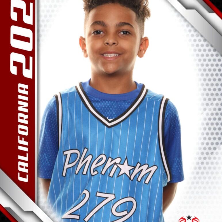Young basketball player in blue jersey posing for a sports card.