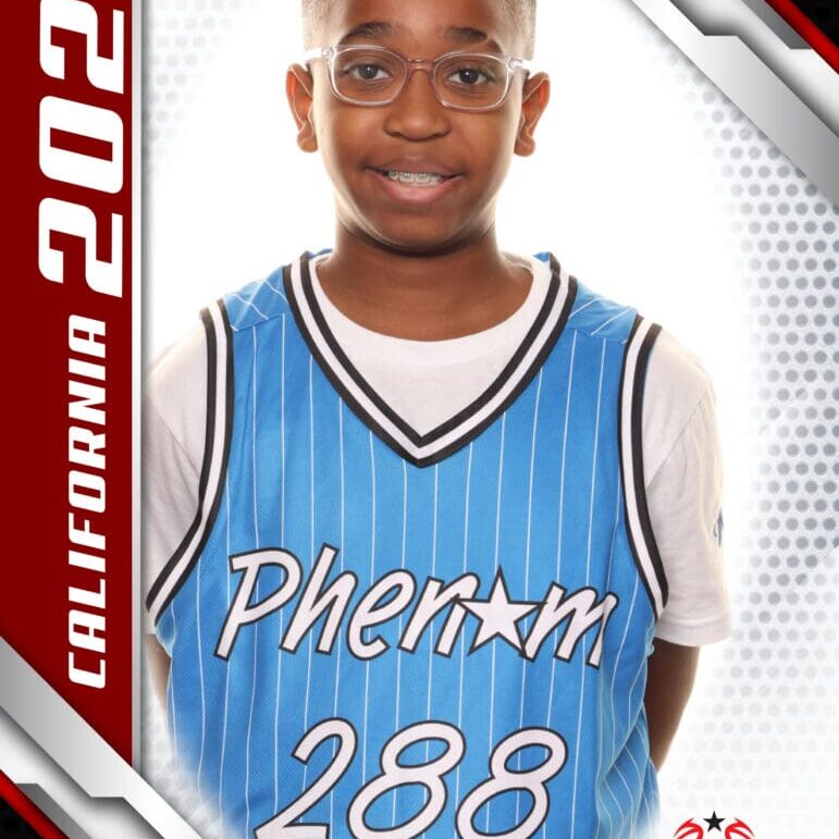 Young basketball player in blue jersey posing for a sports card.
