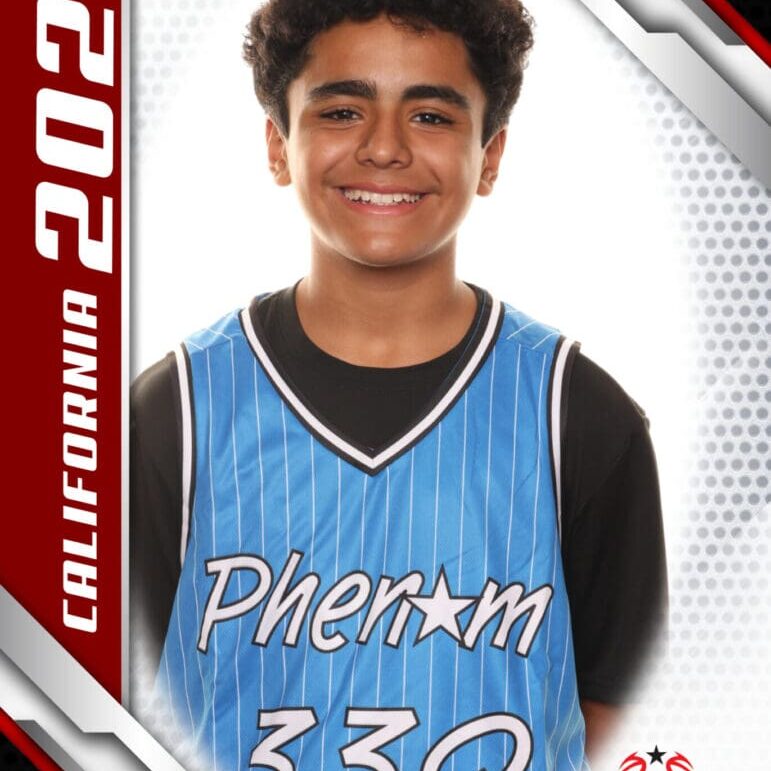 Young basketball player in a blue jersey smiling confidently in a sports card.