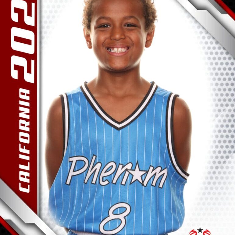 Young basketball player in a blue jersey smiles confidently for a sports card.