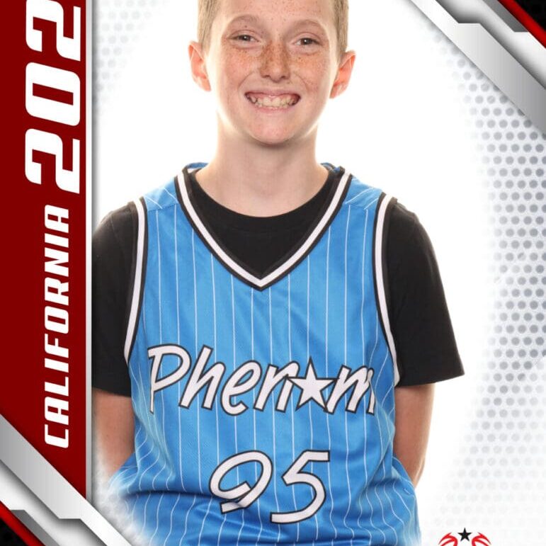 Smiling young basketball player in a blue jersey with number 95.